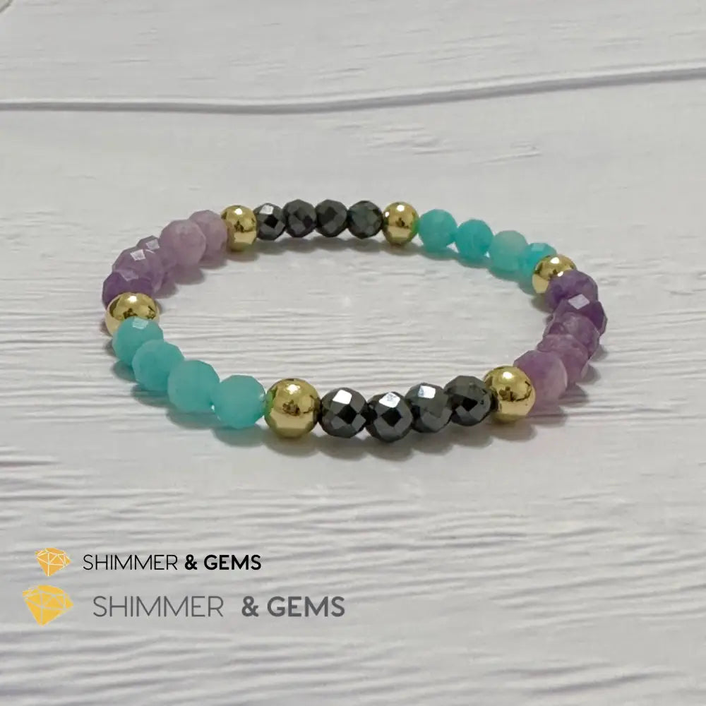 Anti-Depression Remedy Bracelet (Lepidolite Hematite & Amazonite 6mm with 14k gold filled beads)