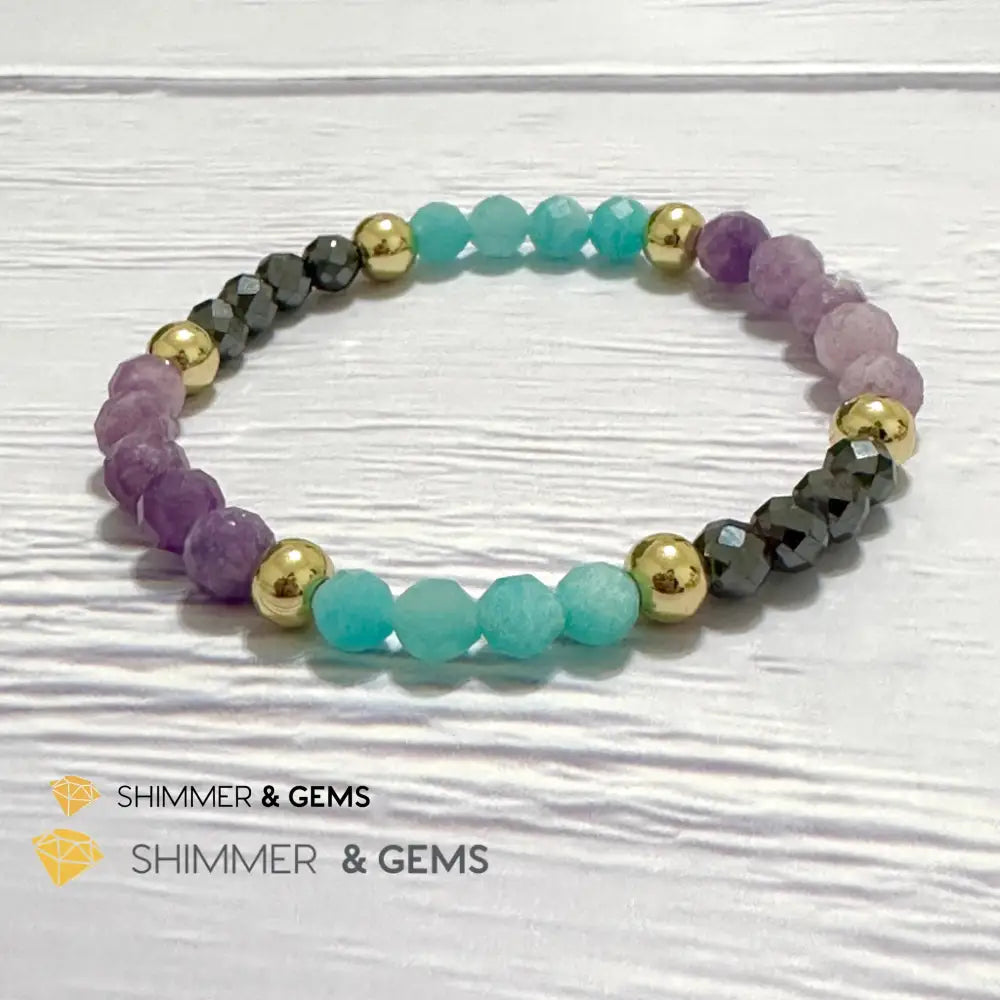 Anti-Depression Remedy Bracelet (Lepidolite Hematite & Amazonite 6mm with 14k gold filled beads)