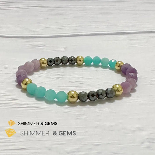 Anti-Depression Remedy Bracelet (Lepidolite Hematite & Amazonite 6mm with 14k gold filled beads) 5.5”