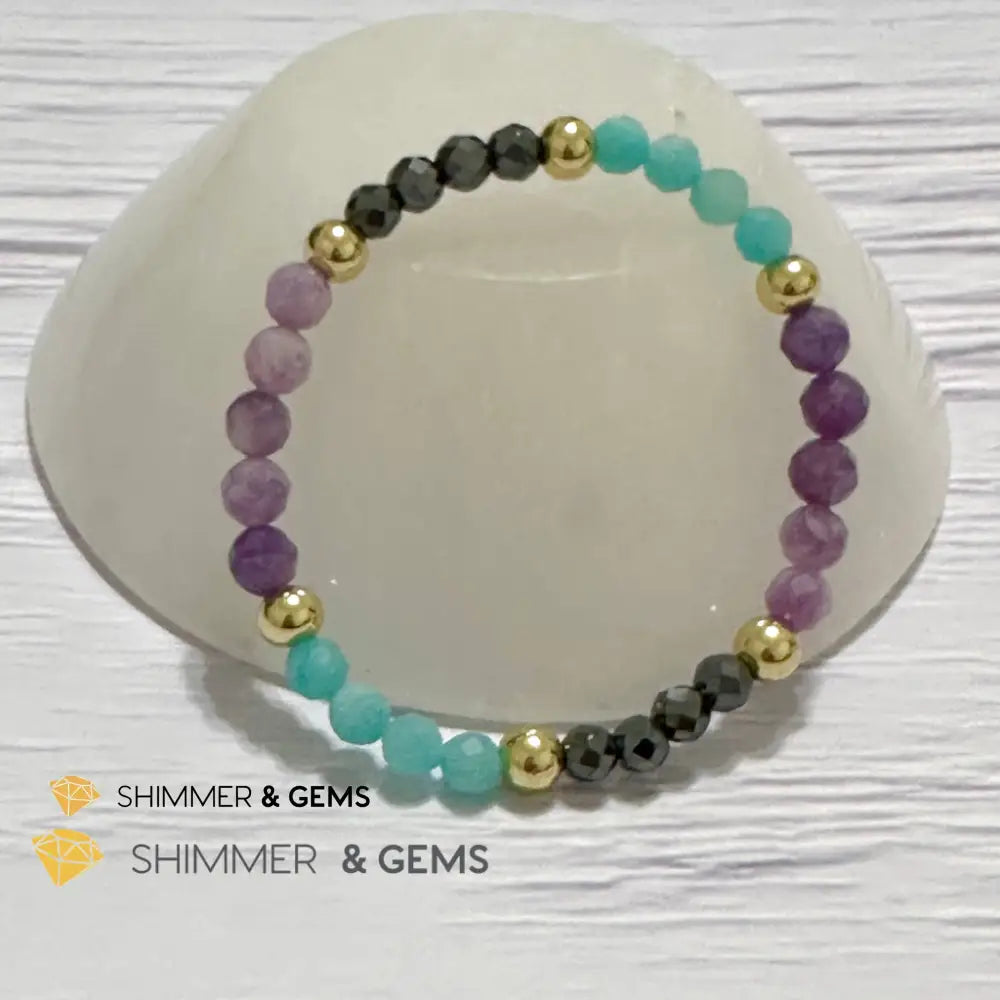 Anti-Depression Remedy Bracelet (Lepidolite Hematite & Amazonite 6mm with 14k gold filled beads)