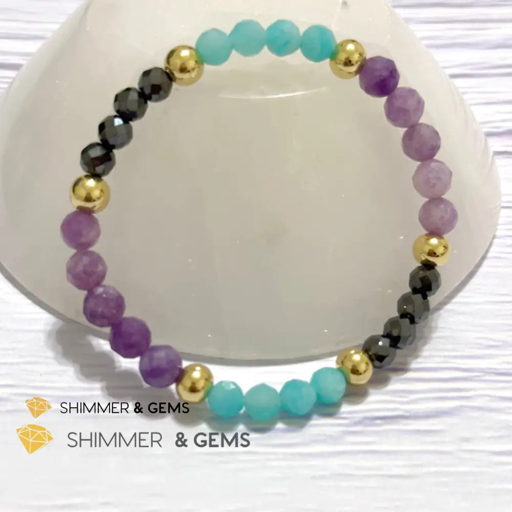 Anti-Depression Remedy Bracelet (Lepidolite Hematite & Amazonite 6mm with 14k gold filled beads)
