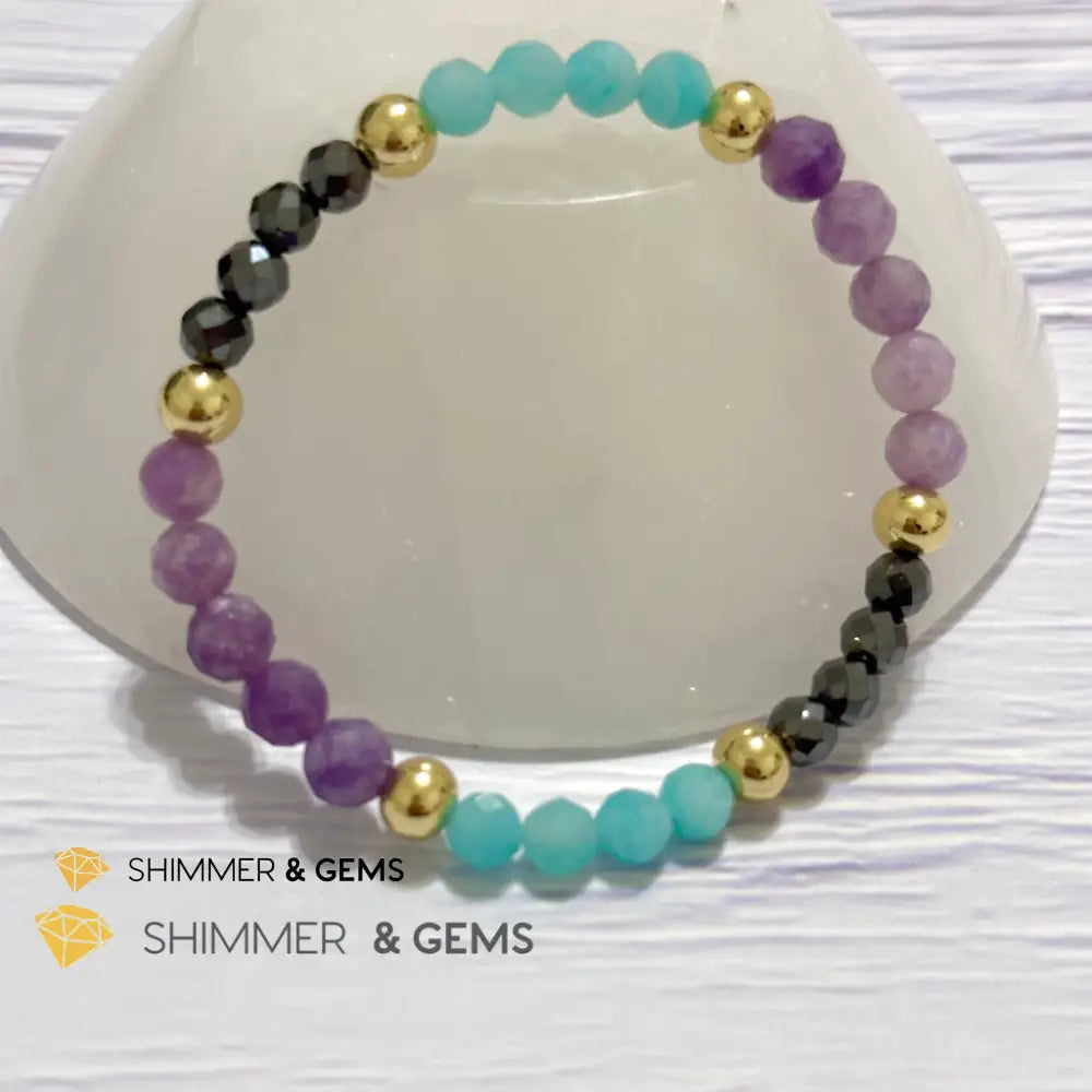 Anti-Depression Remedy Bracelet (Lepidolite Hematite & Amazonite 6mm with 14k gold filled beads)