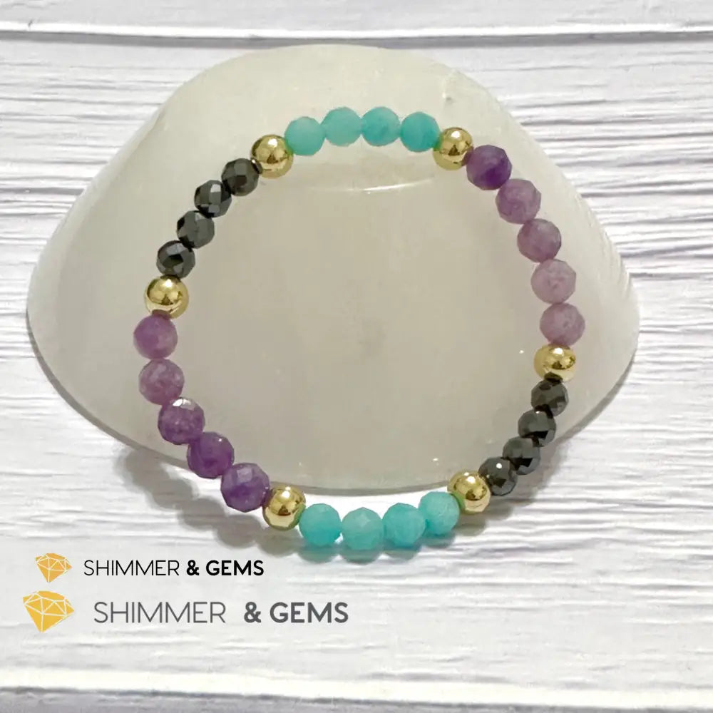 Anti-Depression Remedy Bracelet (Lepidolite Hematite & Amazonite 6mm with 14k gold filled beads)