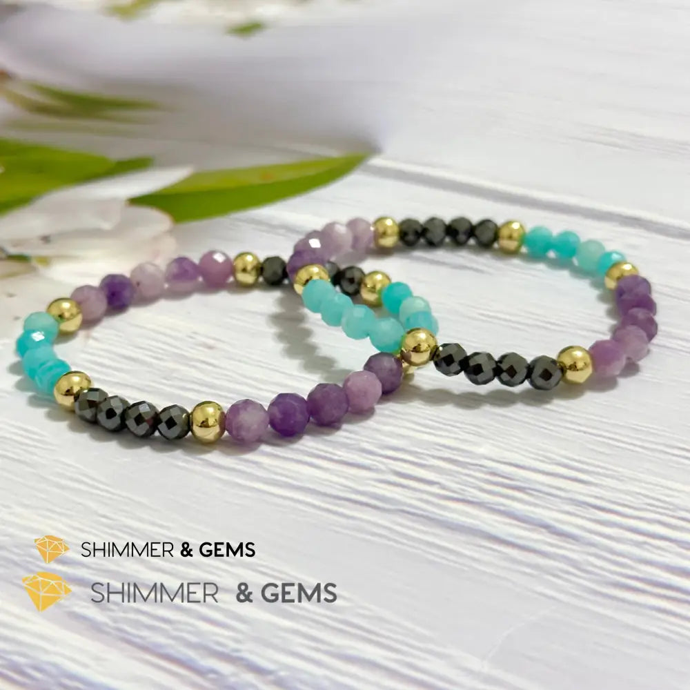 Anti-Depression Remedy Bracelet (Lepidolite Hematite & Amazonite 6mm with 14k gold filled beads)