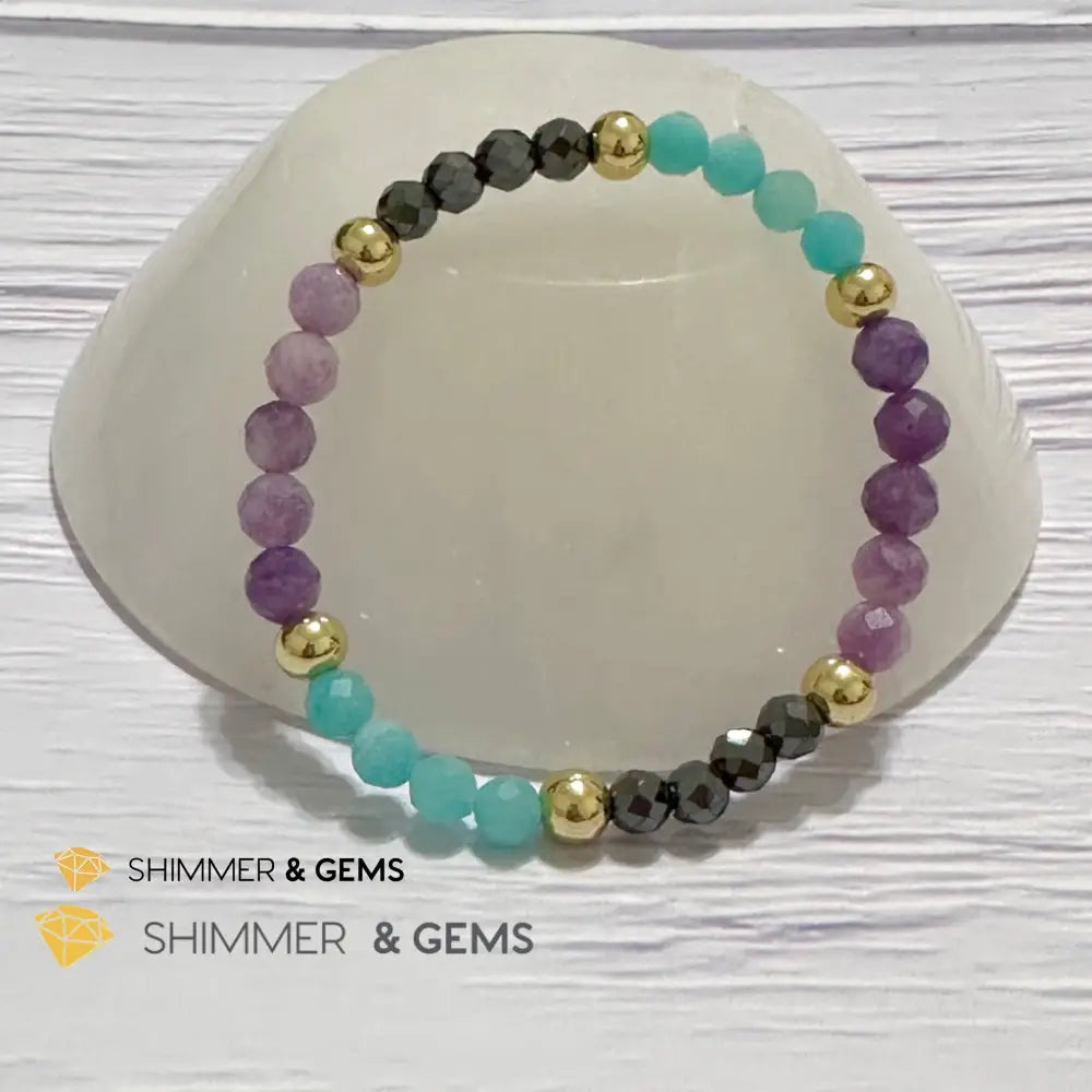 Anti-Depression Remedy Bracelet (Lepidolite Hematite & Amazonite 6mm with 14k gold filled beads)