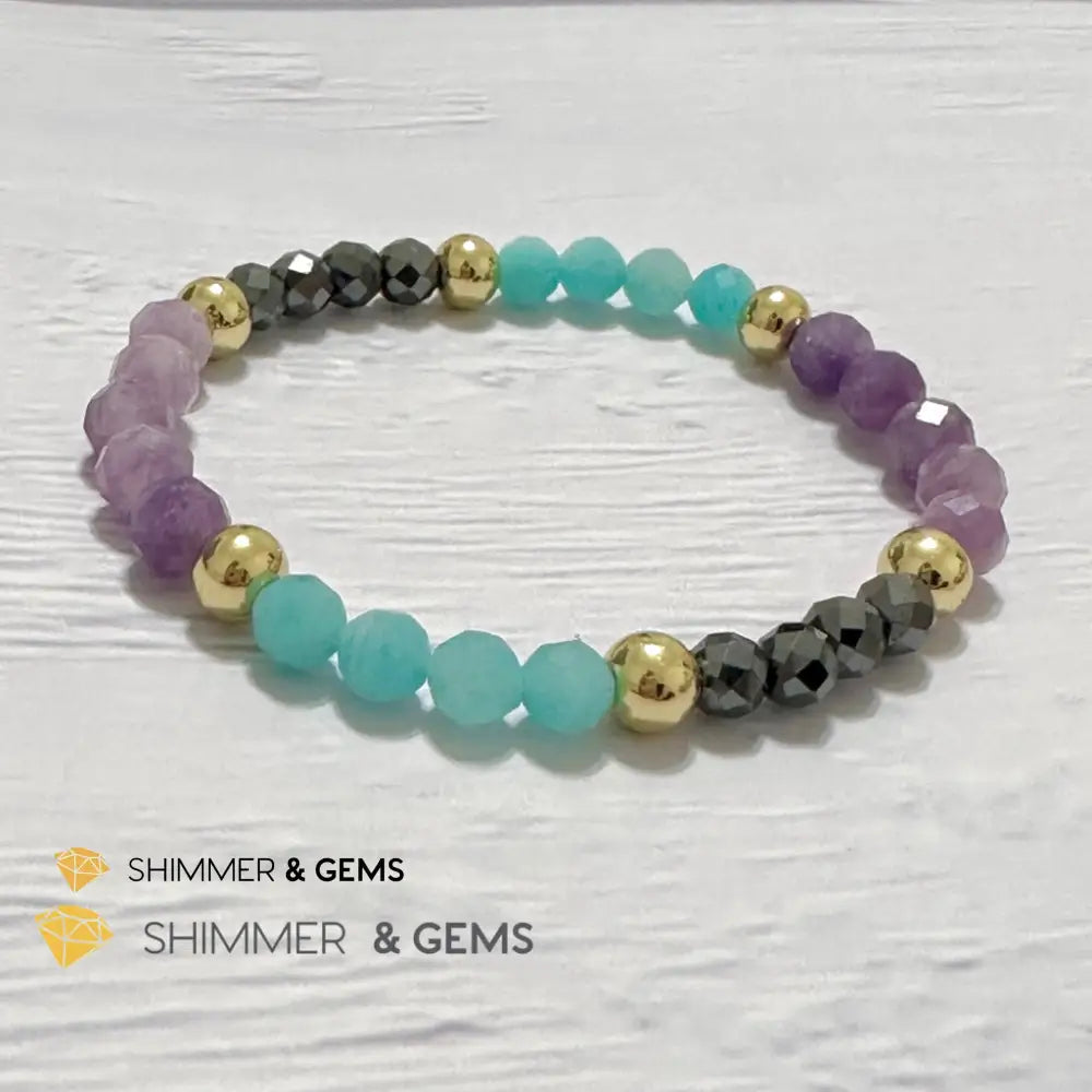 Anti-Depression Remedy Bracelet (Lepidolite Hematite & Amazonite 6mm with 14k gold filled beads)