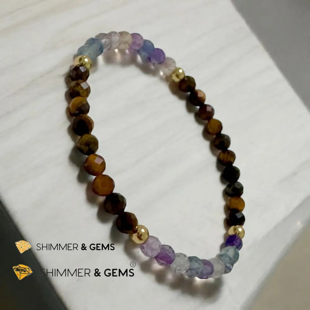Anxiety Shield Bracelet (Fluorite and Tiger’s Eye 4mm Faceted with Stainless Steel Beads) 6.5’’ Bracelets
