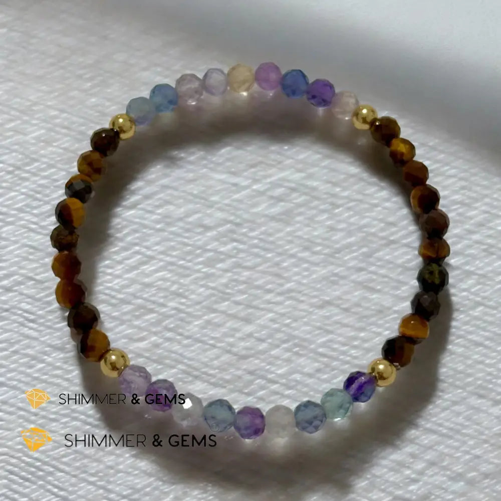 Anxiety Shield Bracelet (Fluorite and Tiger’s Eye 4mm Faceted with Stainless Steel Beads) 6’’ Bracelets