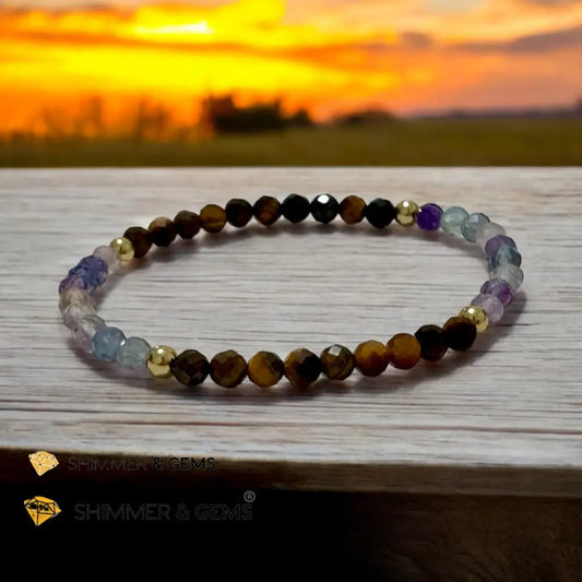 Anxiety Shield Bracelet (Fluorite and Tiger’s Eye 4mm Faceted with Stainless Steel Beads) Bracelets