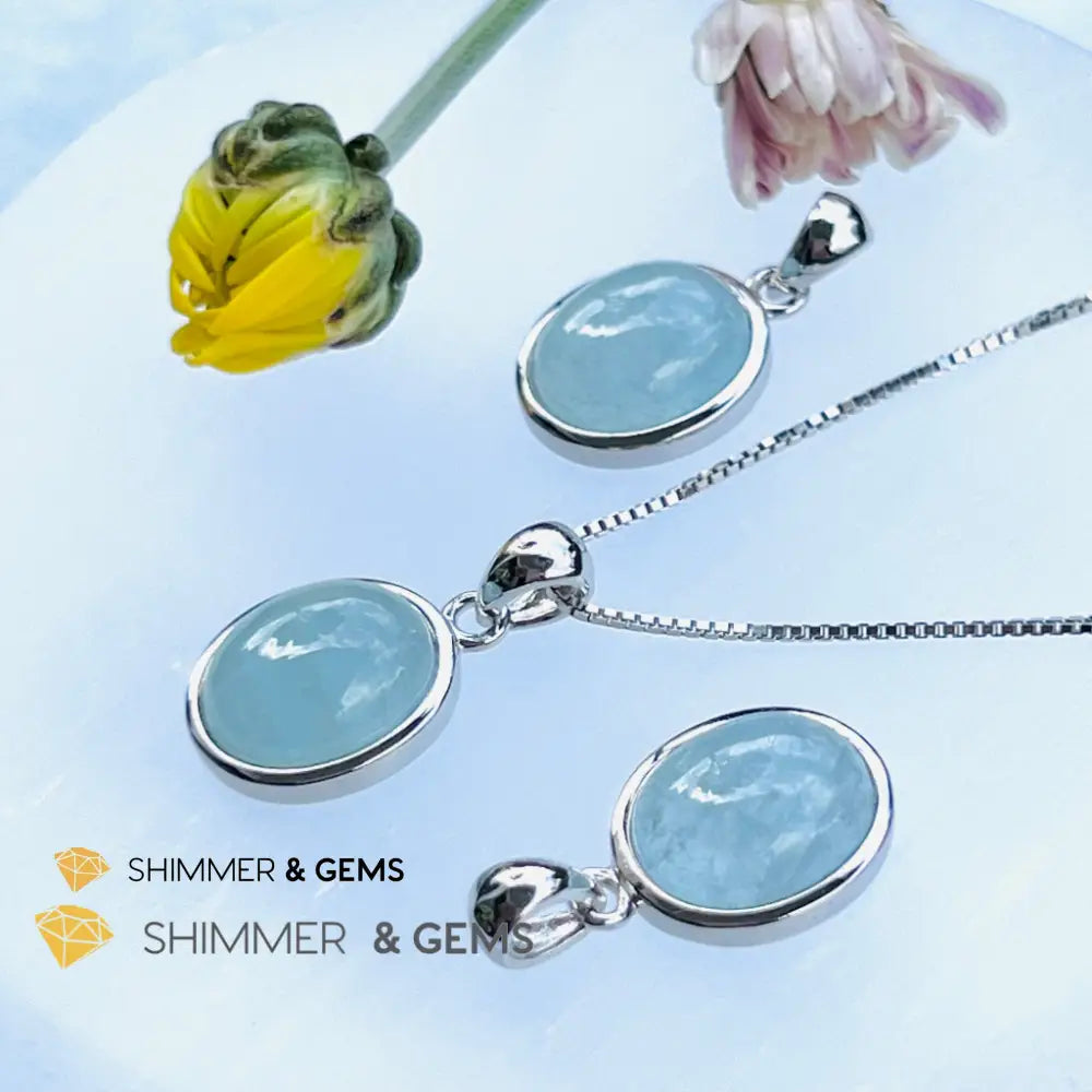 Aquamarine Oval Pendant (10X12Mm) 925 Silver (Wealth Activator) Aaa Grade Charms & Pendants
