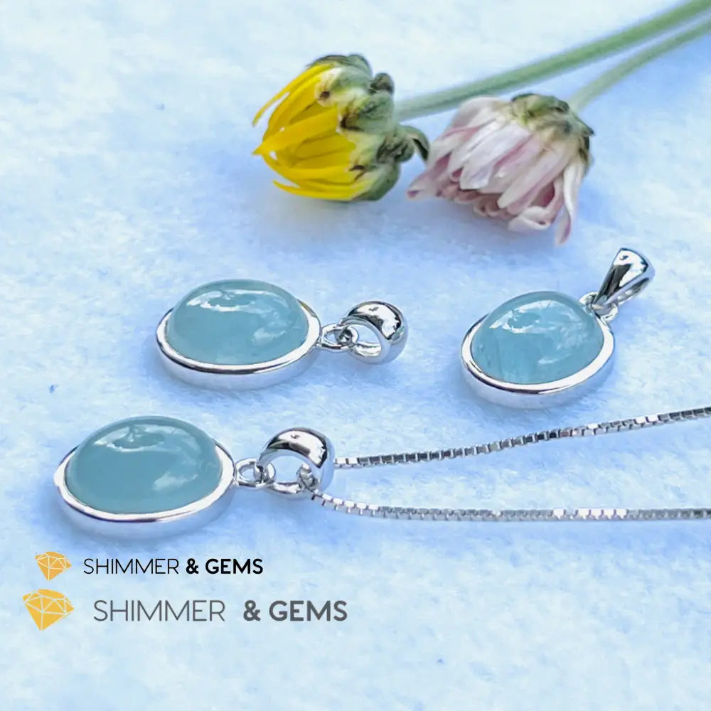Aquamarine Oval Pendant (10X12Mm) 925 Silver (Wealth Activator) Aaa Grade Charms & Pendants