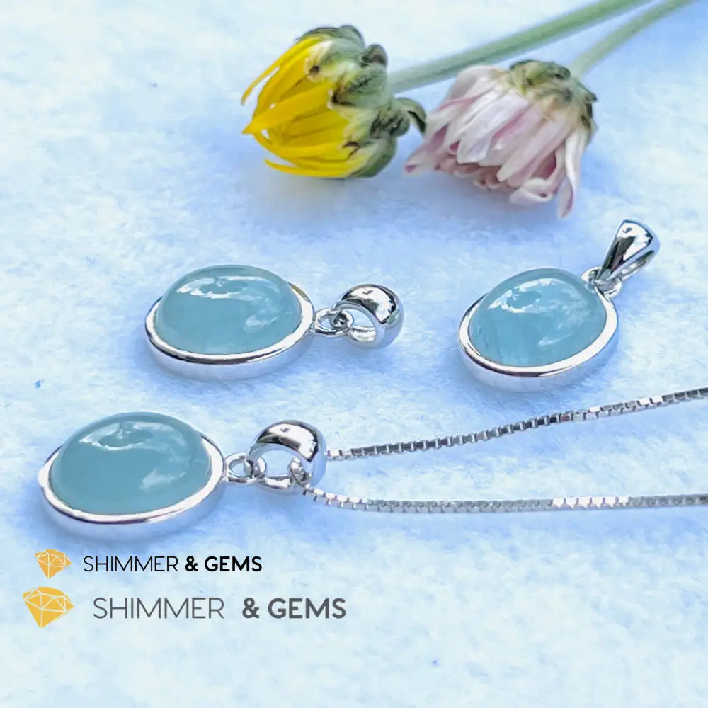 Aquamarine Oval Pendant (10X12Mm) 925 Silver (Wealth Activator) Aaa Grade Charms & Pendants