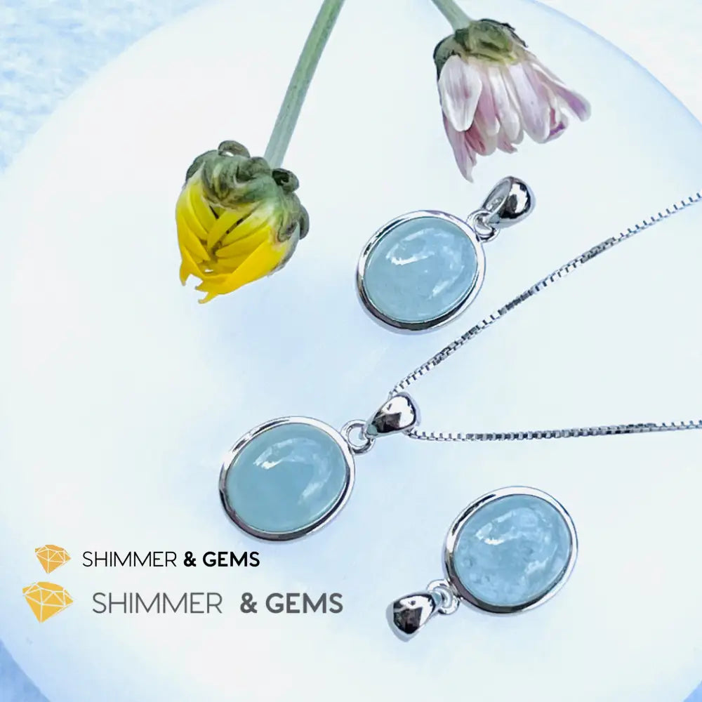 Aquamarine Oval Pendant (10X12Mm) 925 Silver (Wealth Activator) Aaa Grade Charms & Pendants