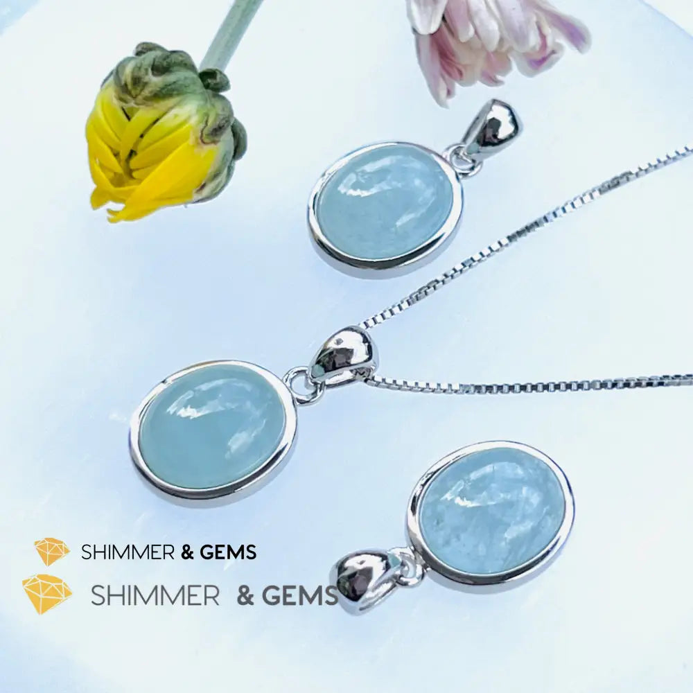 Aquamarine Oval Pendant (10X12Mm) 925 Silver (Wealth Activator) Aaa Grade Charms & Pendants
