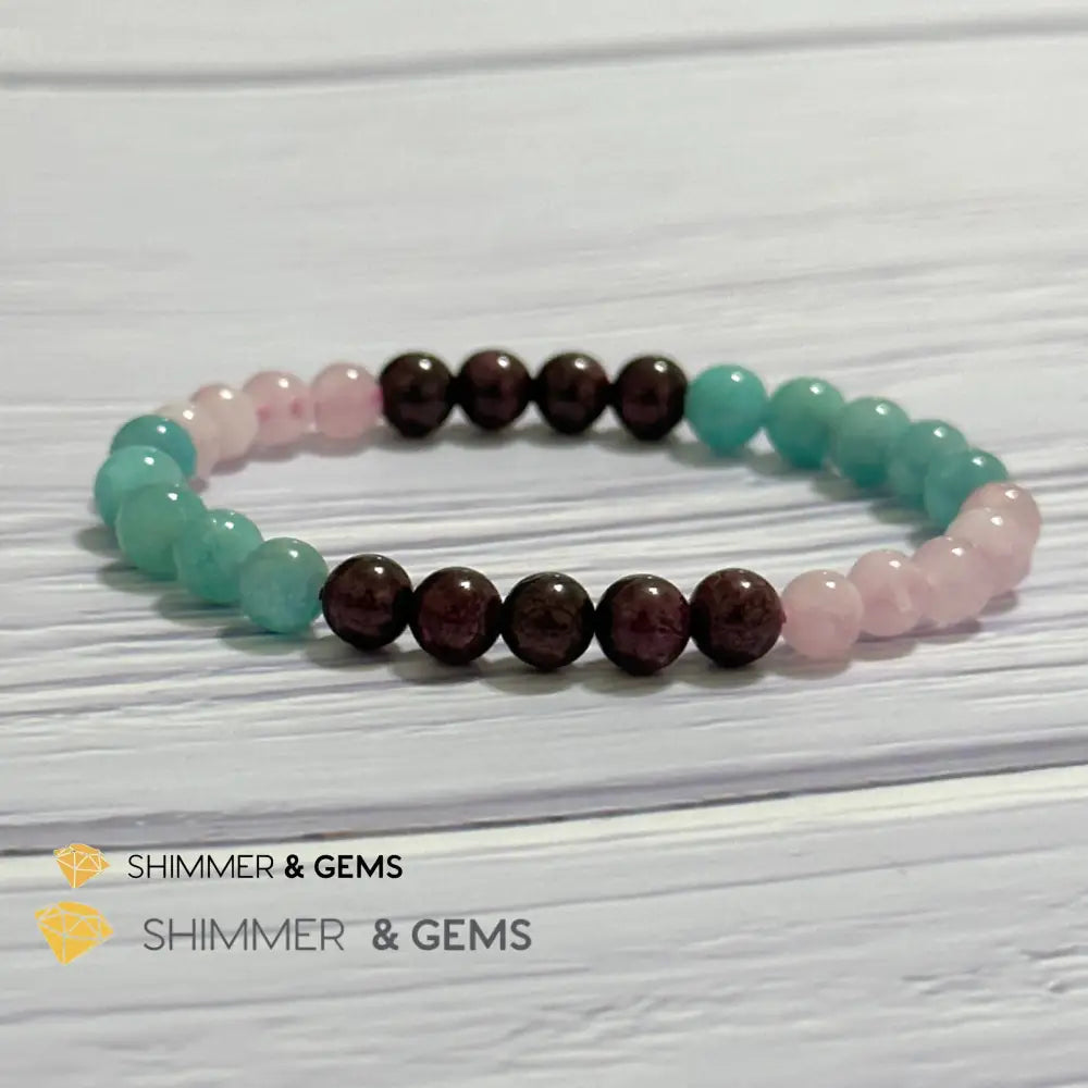 Aura Glow Remedy Bracelet (Madagascar Rose Quartz Amazonite & Garnet 6mm) 5.5”