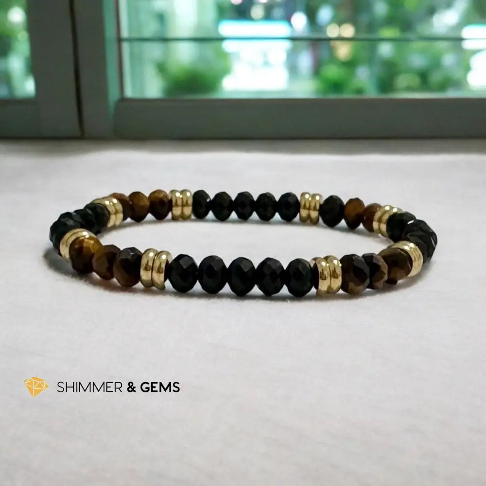 Aura Shield Bracelet (Tiger’s Eye & Black Tourmaline 4x6mm Rondelle) with stainless steel beads Bracelets