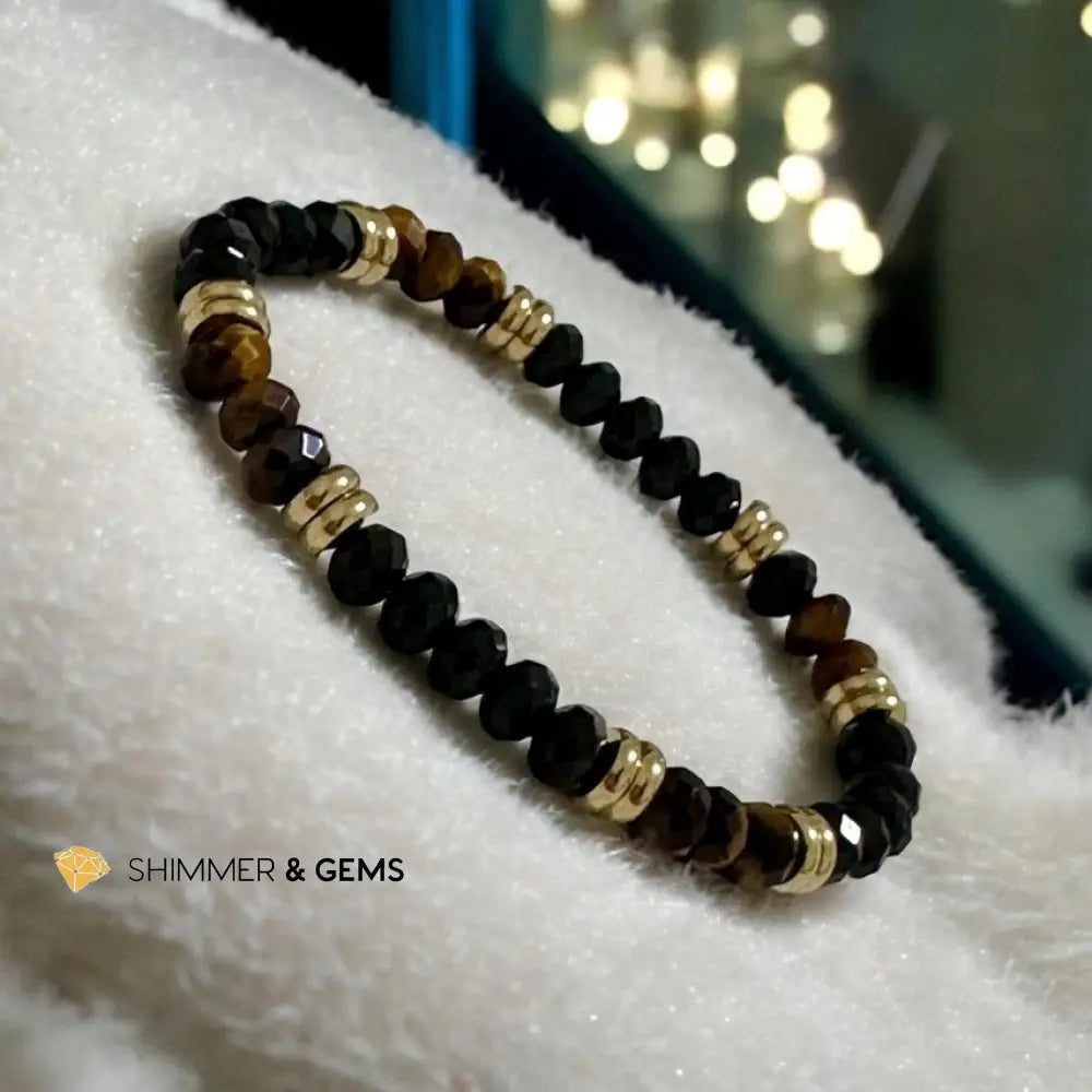 Aura Shield Bracelet (Tiger’s Eye & Black Tourmaline 4x6mm Rondelle) with stainless steel beads Bracelets