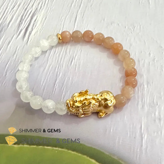 Balance & Joy Pixiu Bracelet (Stainless Steel) Sunstone and Moonstone 6mm 5.5”