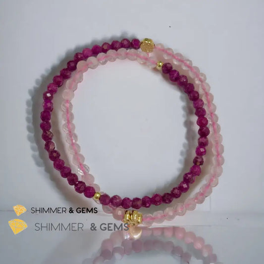 Beauty & Grace Infinity Double Bracelet (Ruby Rose Quartz 4mm with 14k gold plated copper Lotus & Rose Charms) 5.5”
