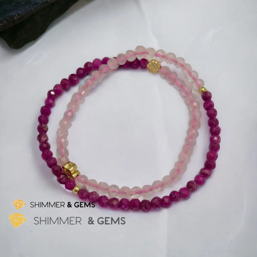 Beauty & Grace Infinity Double Bracelet (Ruby Rose Quartz 4mm with 14k gold plated copper Lotus & Rose Charms) Bracelets