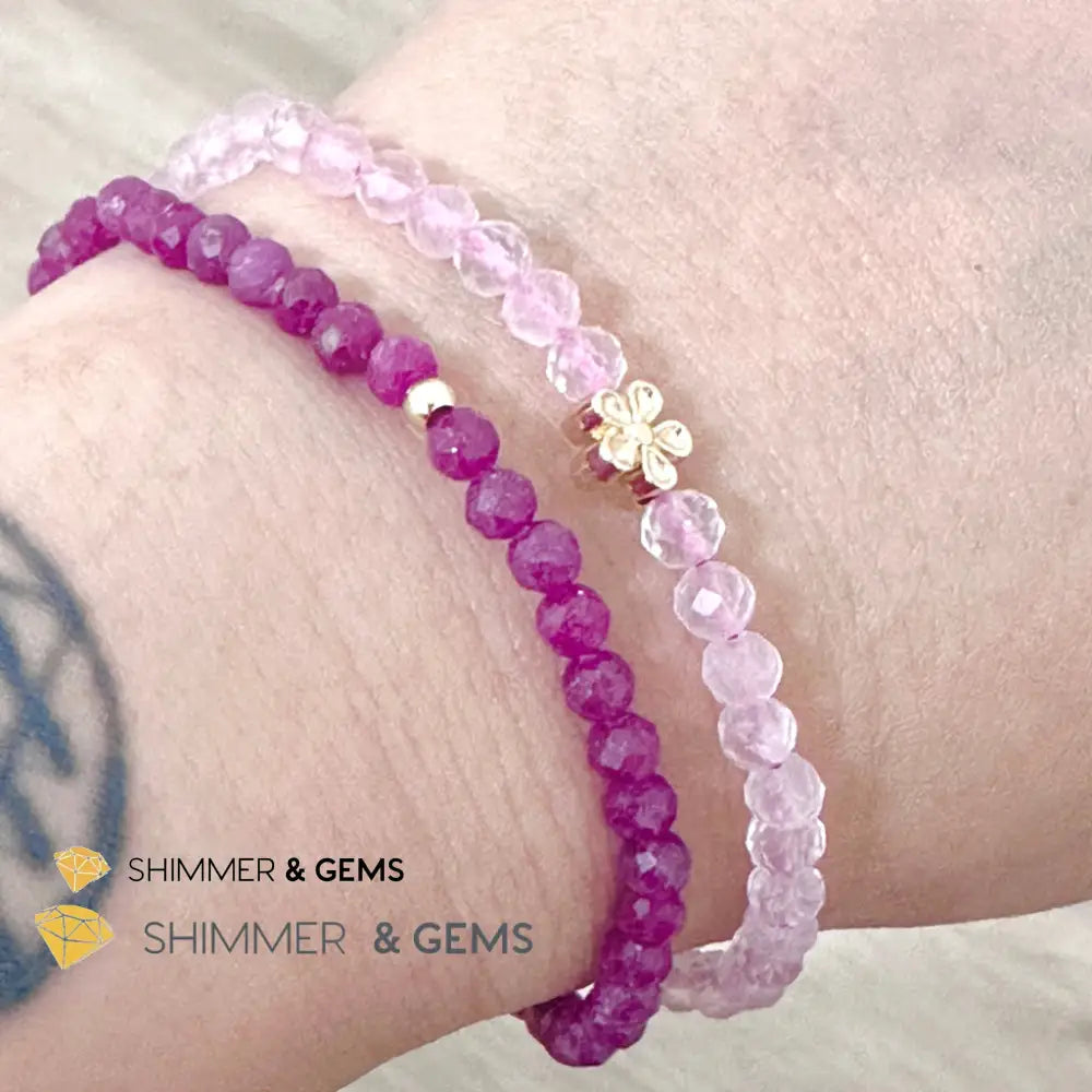 Beauty & Grace Infinity Double Bracelet (Ruby Rose Quartz 4mm with 14k gold plated copper Lotus & Rose Charms) Bracelets