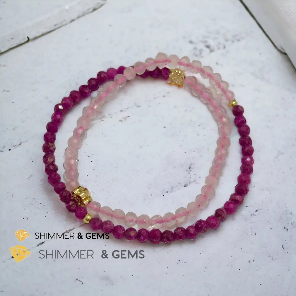 Beauty & Grace Infinity Double Bracelet (Ruby Rose Quartz 4mm with 14k gold plated copper Lotus & Rose Charms) Bracelets
