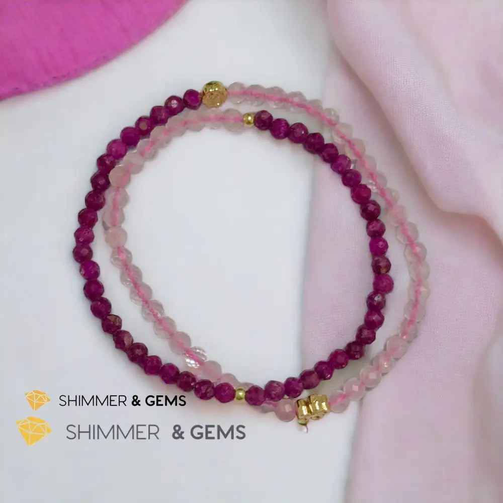 Beauty & Grace Infinity Double Bracelet (Ruby Rose Quartz 4mm with 14k gold plated copper Lotus & Rose Charms) Bracelets