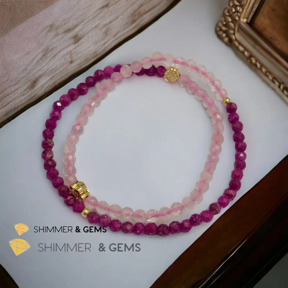 Beauty & Grace Infinity Double Bracelet (Ruby Rose Quartz 4mm with 14k gold plated copper Lotus & Rose Charms) Bracelets