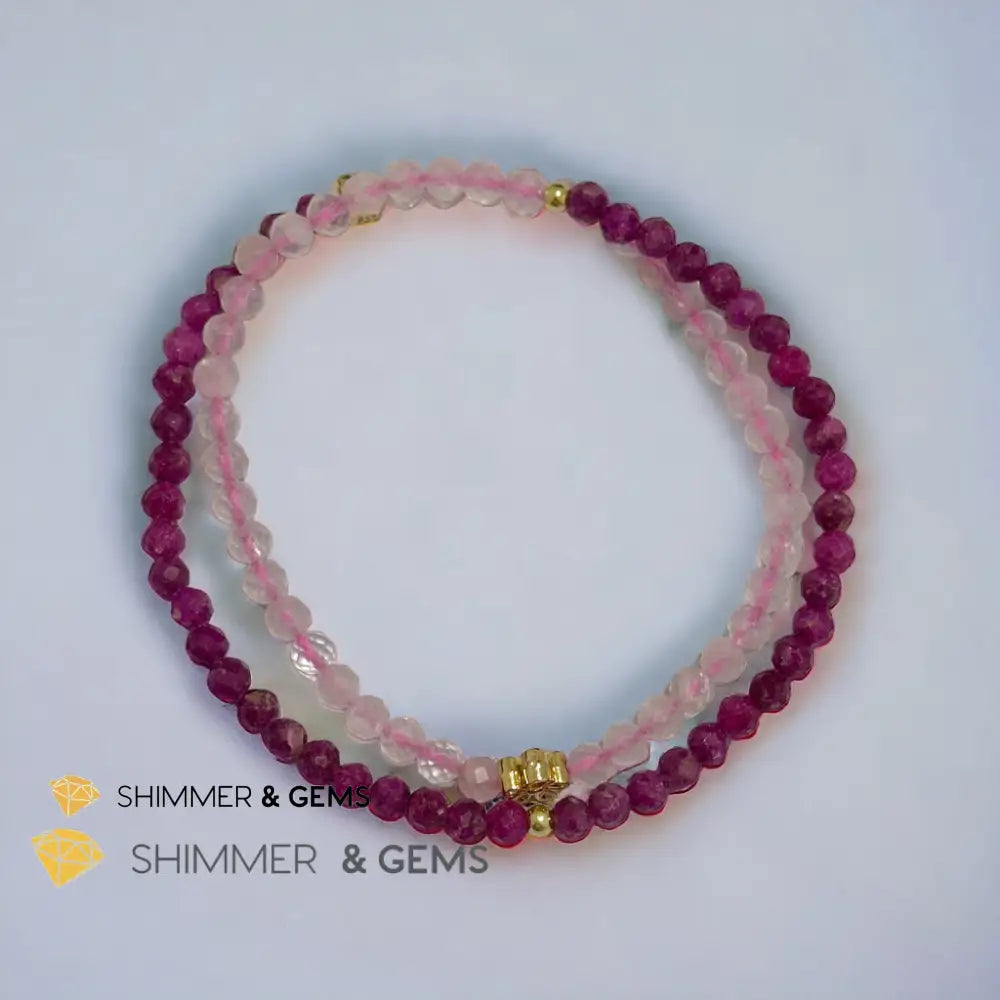 Beauty & Grace Infinity Double Bracelet (Ruby Rose Quartz 4mm with 14k gold plated copper Lotus & Rose Charms) Bracelets
