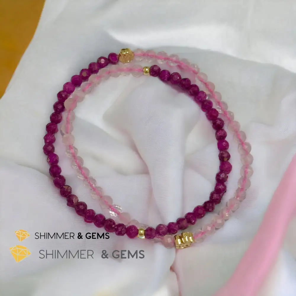 Beauty & Grace Infinity Double Bracelet (Ruby Rose Quartz 4mm with 14k gold plated copper Lotus & Rose Charms) Bracelets