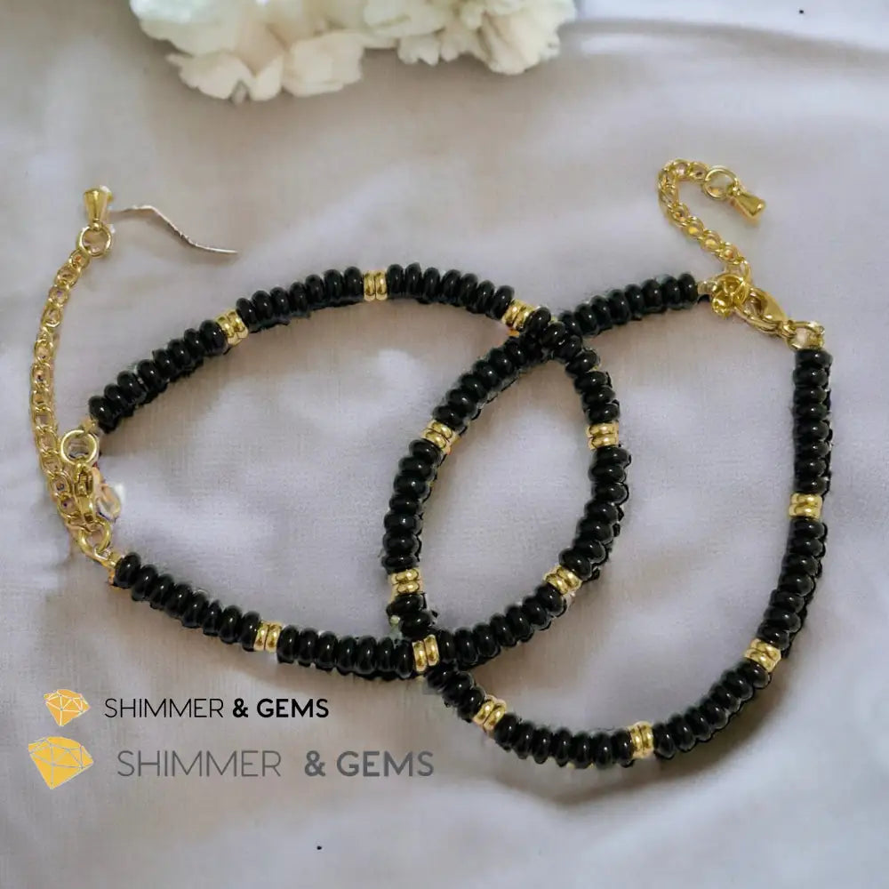 Black Onyx 4mm Rondelle Bracelet with stainless steel chain Adjustable Size (5.5”-8”) Bracelets