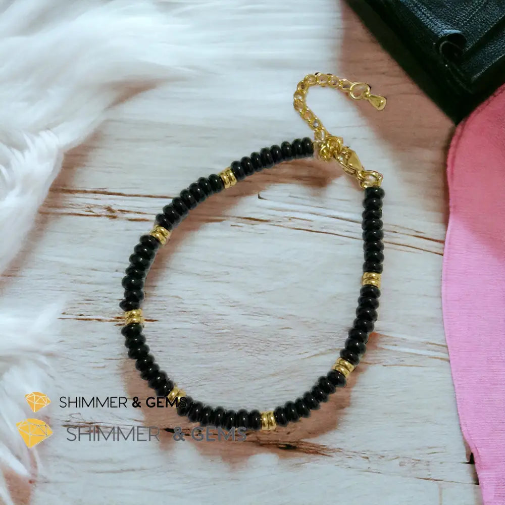 Black Onyx 4mm Rondelle Bracelet with stainless steel chain Adjustable Size (5.5”-8”) Bracelets