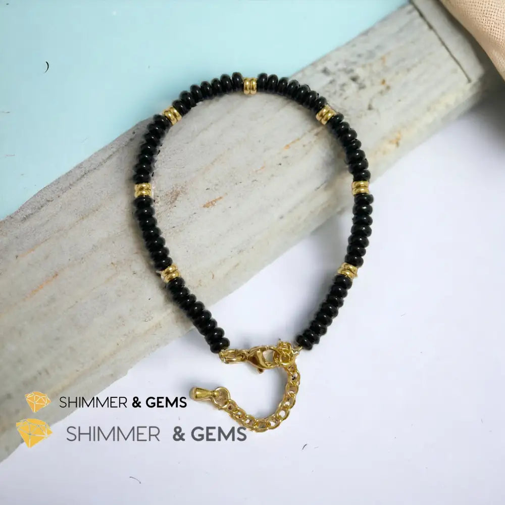 Black Onyx 4mm Rondelle Bracelet with stainless steel chain Adjustable Size (5.5”-8”) Bracelets