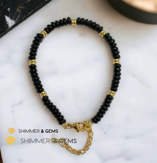 Black Onyx 4mm Rondelle Bracelet with stainless steel chain Adjustable Size (5.5”-8”) Bracelets