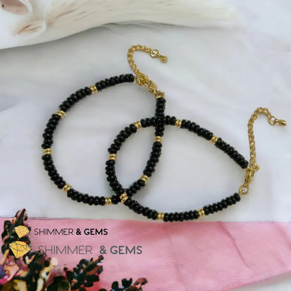 Black Onyx 4mm Rondelle Bracelet with stainless steel chain Adjustable Size (5.5”-8”) Bracelets