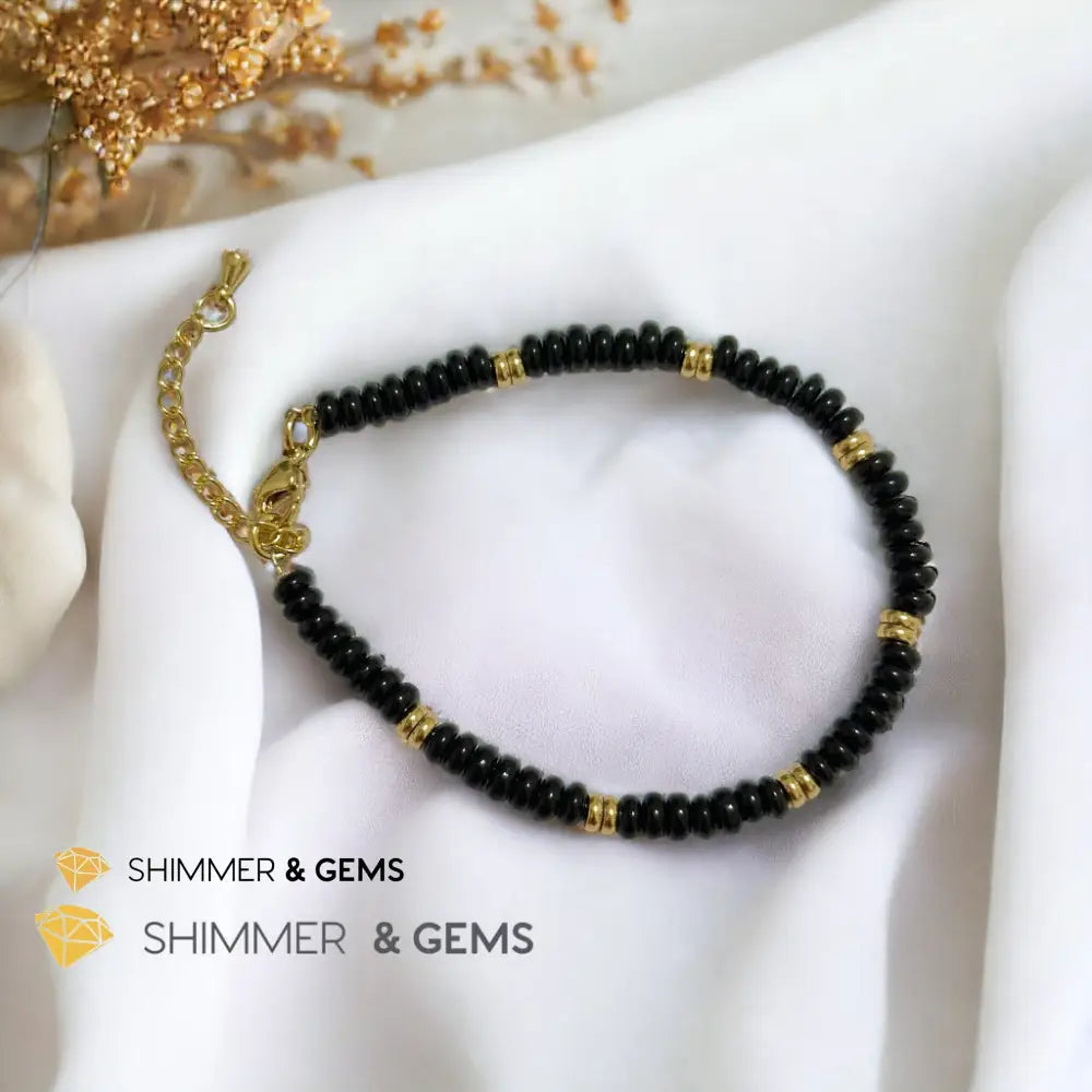 Black Onyx 4mm Rondelle Bracelet with stainless steel chain Adjustable Size (5.5”-8”) Bracelets