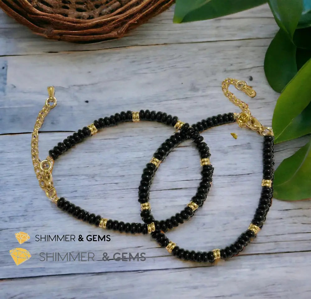 Black Onyx 4mm Rondelle Bracelet with stainless steel chain Adjustable Size (5.5”-8”) Bracelets