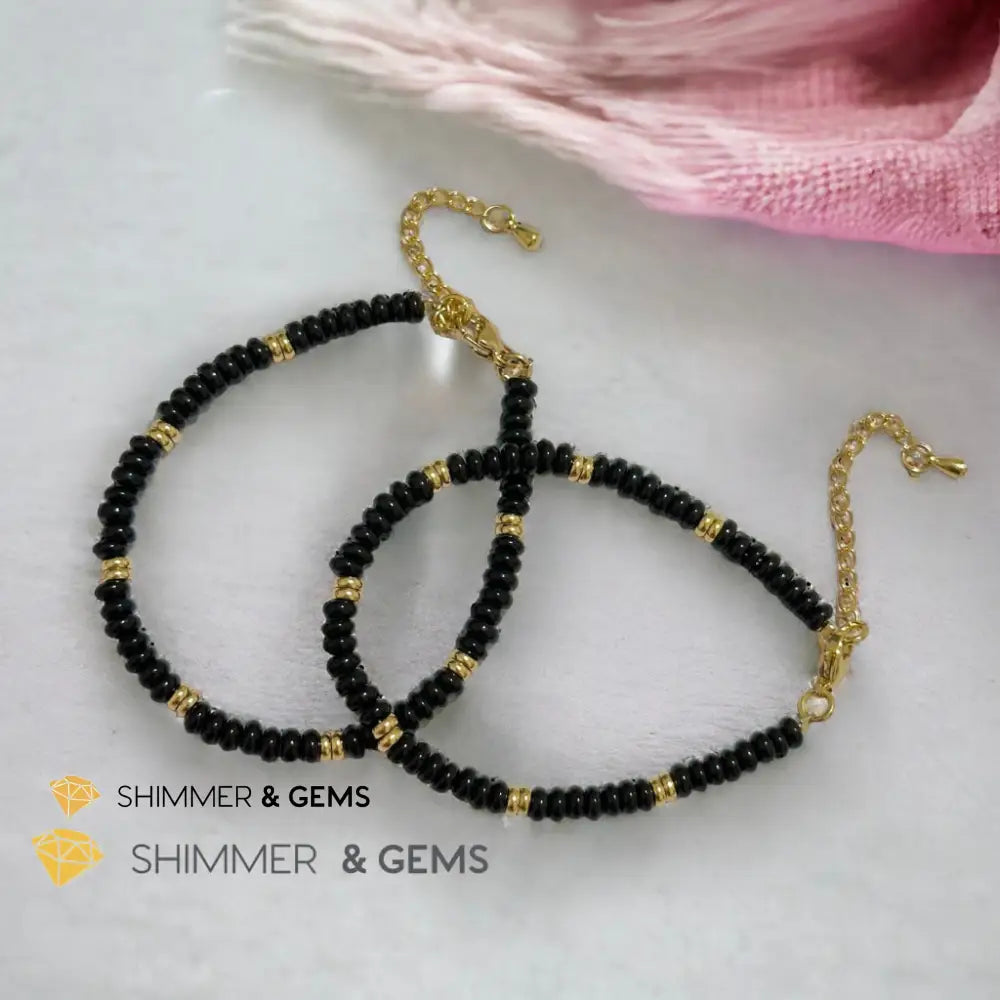 Black Onyx 4mm Rondelle Bracelet with stainless steel chain Adjustable Size (5.5”-8”) Bracelets