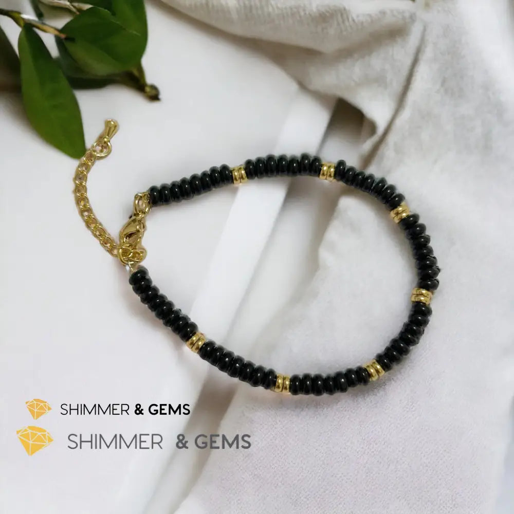 Black Onyx 4mm Rondelle Bracelet with stainless steel chain Adjustable Size (5.5”-8”) Bracelets