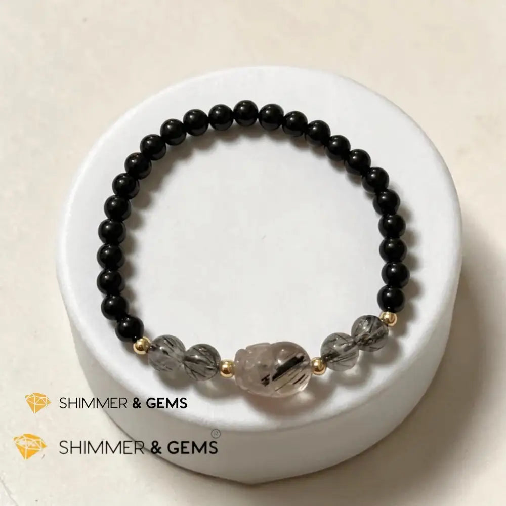 Black Rutilated Quartz Pixiu & Black Tourmaline 6mm Bracelet - 6.5”