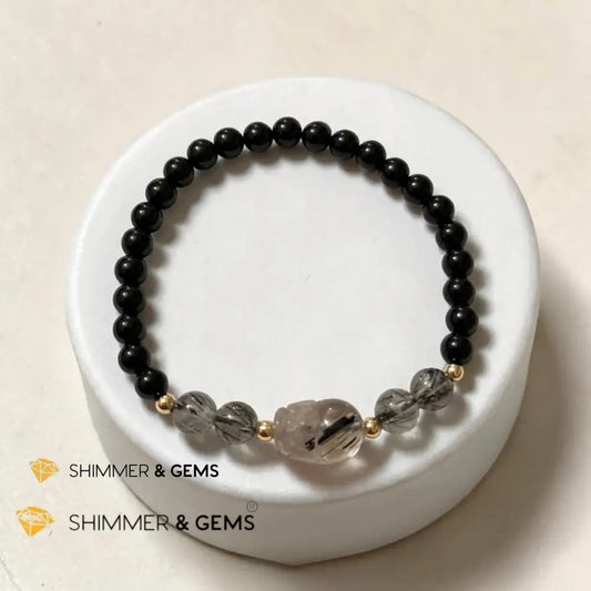 Black Rutilated Quartz Pixiu & Black Tourmaline 6mm Bracelet - 6.5”