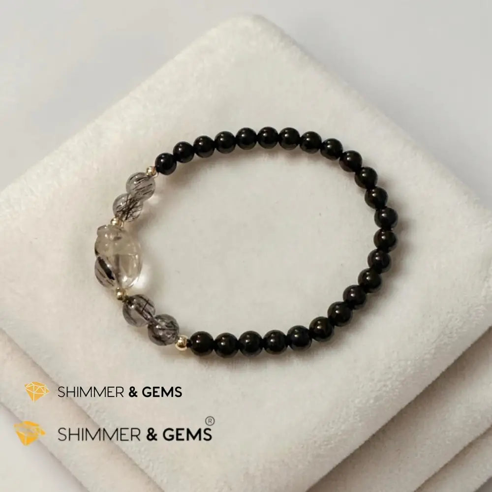 Black Rutilated Quartz Pixiu & Black Tourmaline 6mm Bracelet - 6.5”