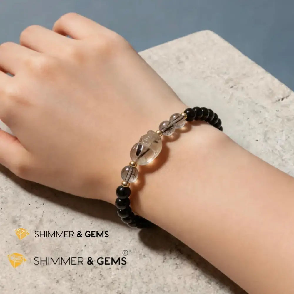 Black Rutilated Quartz Pixiu & Black Tourmaline 6mm Bracelet - 6.5”