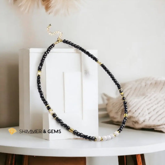 Black Spinel Cube with Opaque Round Moonstone Necklace with Stainless Steel Beads and Clasp Adjustable Size Necklaces