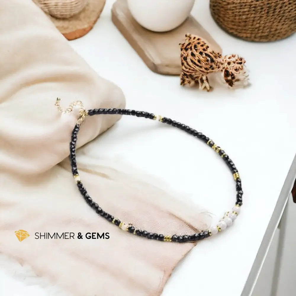 Black Spinel Cube with Opaque Round Moonstone Necklace with Stainless Steel Beads and Clasp Adjustable Size Necklaces