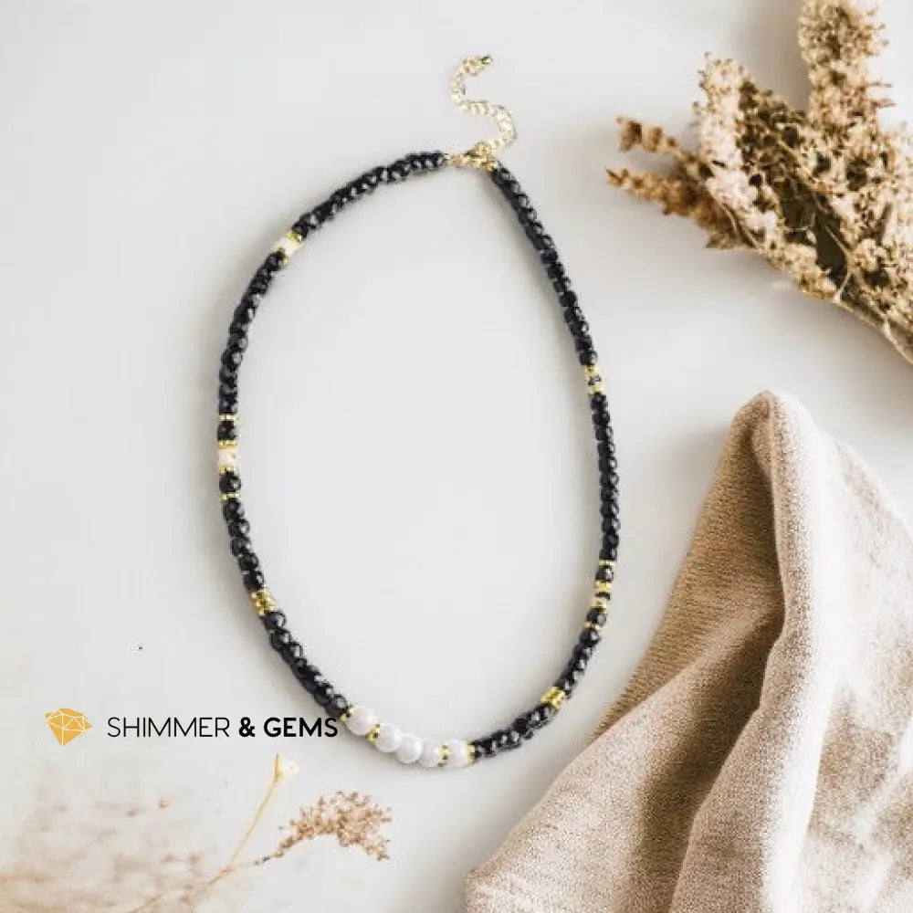Black Spinel Cube with Opaque Round Moonstone Necklace with Stainless Steel Beads and Clasp Adjustable Size Necklaces
