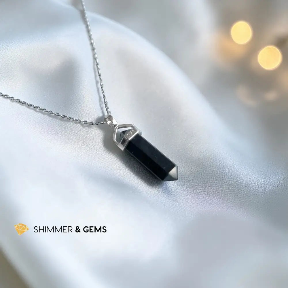 Black Tourmaline 22mm 925 Sterling Silver Double Pointer Pendant 22mm Pendant