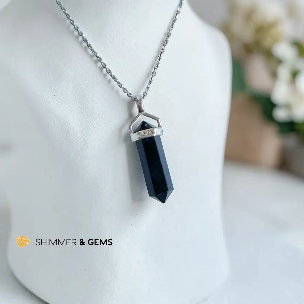 Black Tourmaline 22mm 925 Sterling Silver Double Pointer Pendant 22mm Pendant