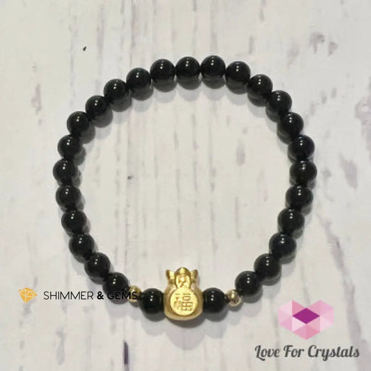 Black Tourmaline Money Bag Bracelet (6mm) 24K Gold Filled Brass 5.5” Bracelets
