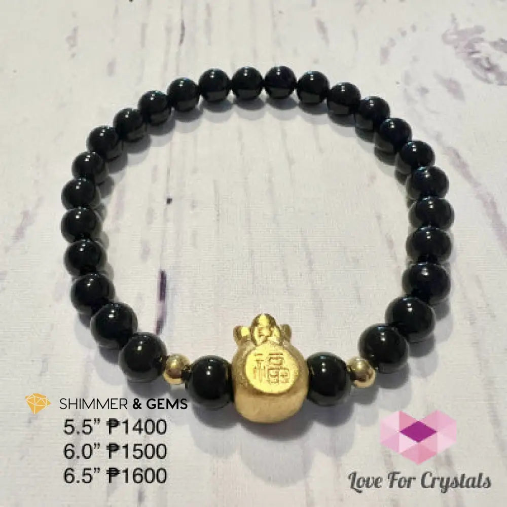 Black Tourmaline Money Bag Bracelet (6mm) 24K Gold Filled Brass 6.0” Bracelets
